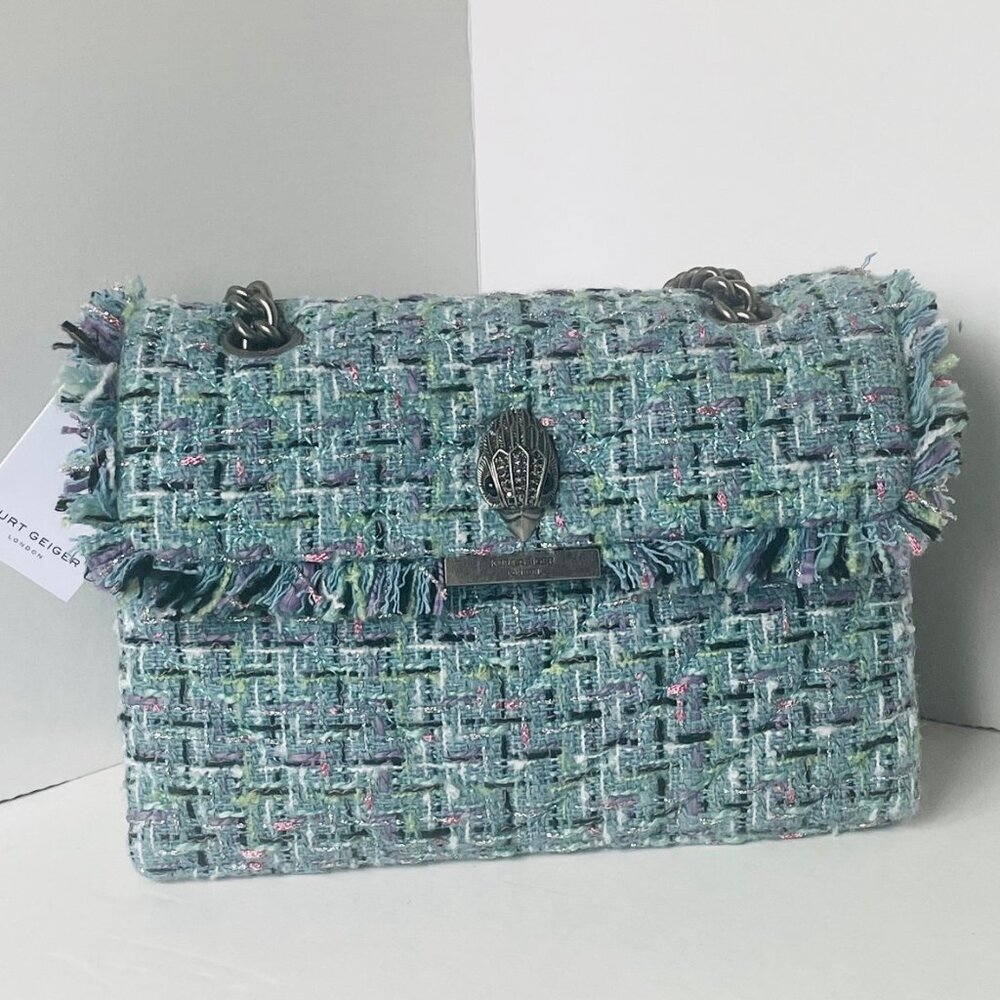 Kurt Geiger Kensington Eagle Head Tweed Boucle Bag Blue Large Crossbody